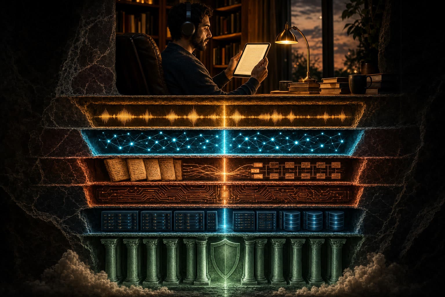 A digital tablet reader with headphones at the top of a cutaway stack showing seven AliveBook platform layers underneath