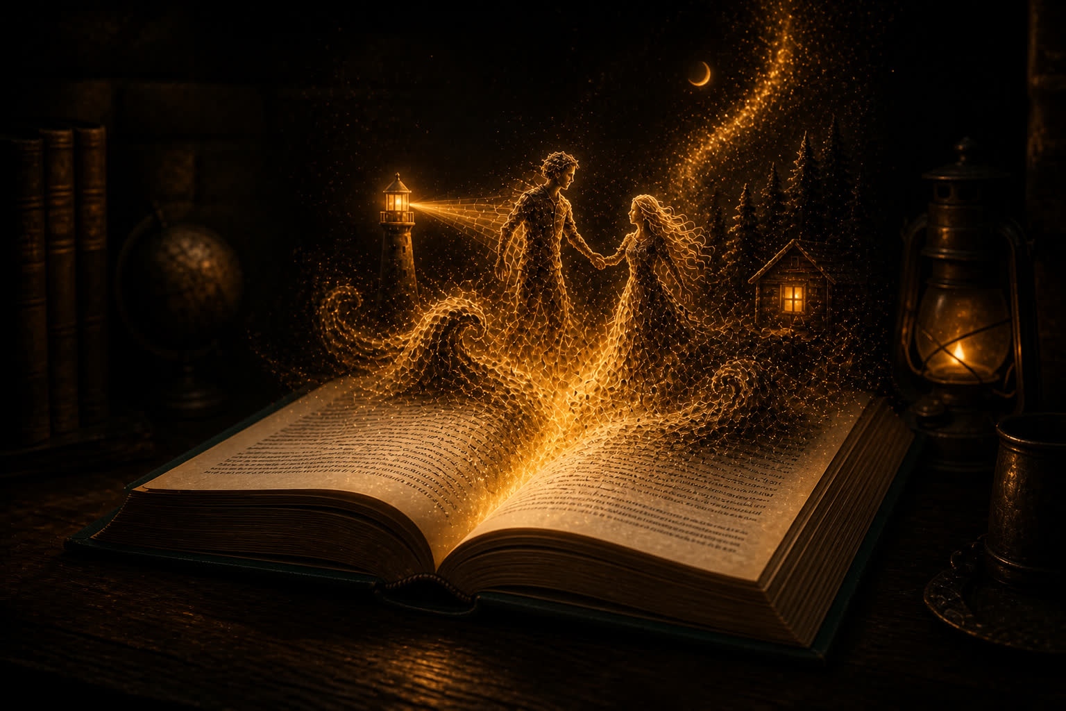 An open hardcover book on a dark desk, a golden living story rising from its pages